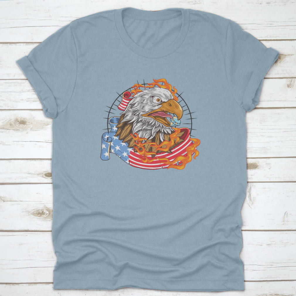 A stylish t-shirt featuring a flaming eagle with a diamond on its beak, showcasing a patriotic design.